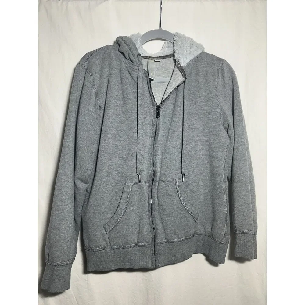 Green Tea‎ Jacket SZ XL Zip Grey Hoodie Comfy Ivory Faux Fur Liner T6